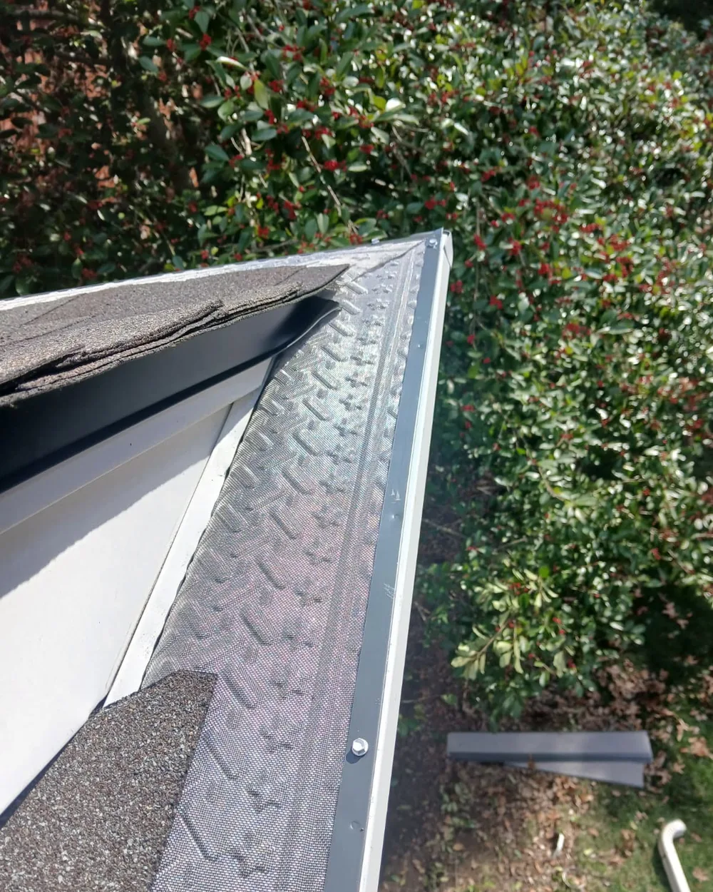 Gutter guard mitered around a roof corner and fastened to the gutter lip above a hedge