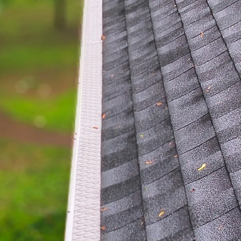 Long run of gutter guard installed along a shingle roofline